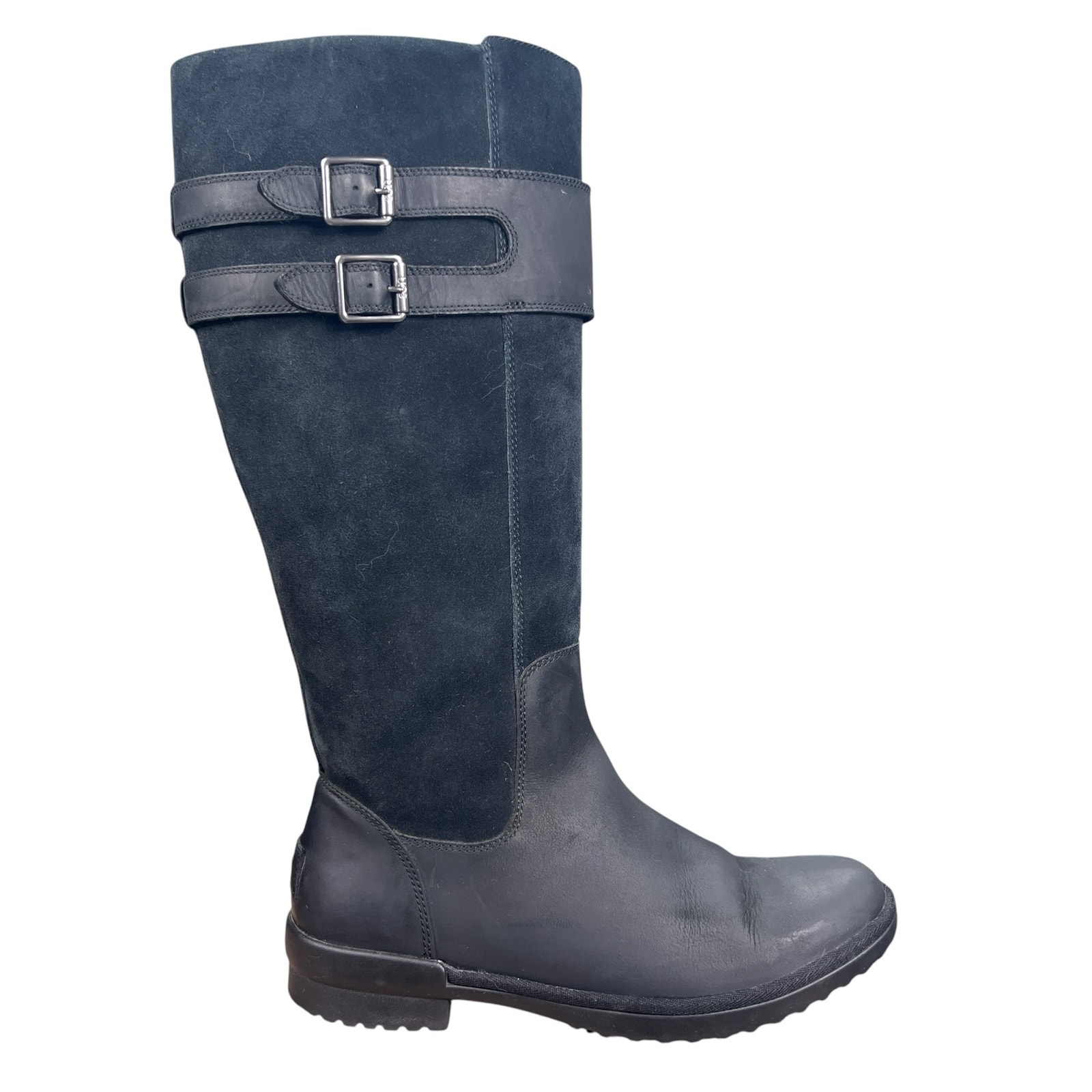 Ugg Zarina Black Leather Suede Tall Buckle Winter Boots Size 10